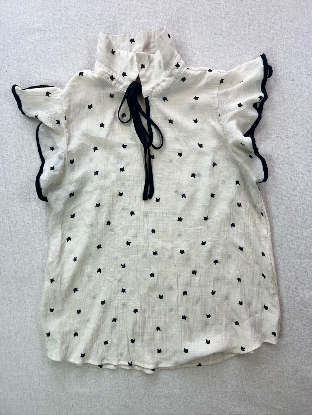 Women’s Cream Mini Black Cat Print Ruffled Sleeveless Formal Tie Blouse - Size L